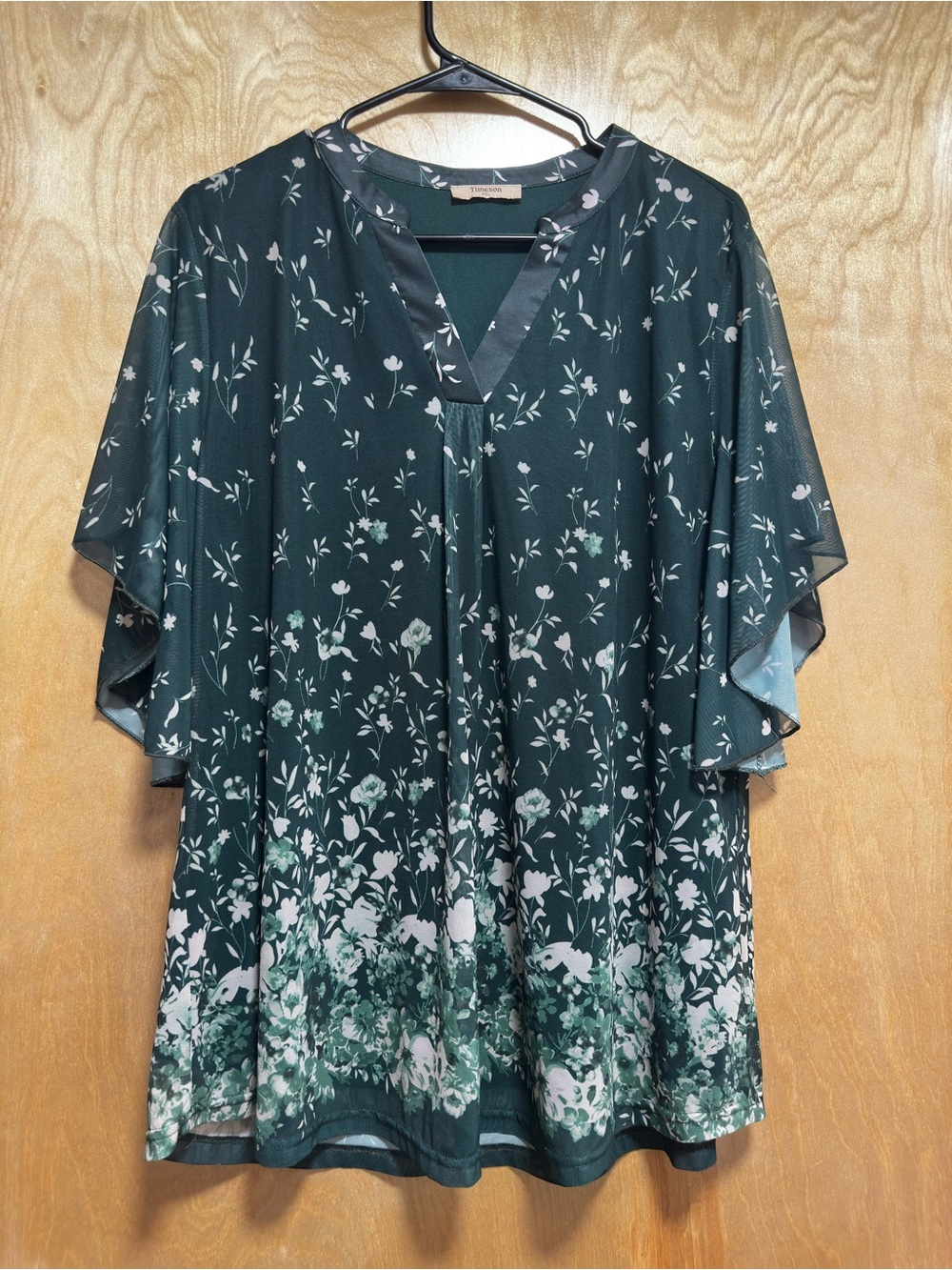 Dark Green Floral V-Neck Flutter Sleeve Tunic